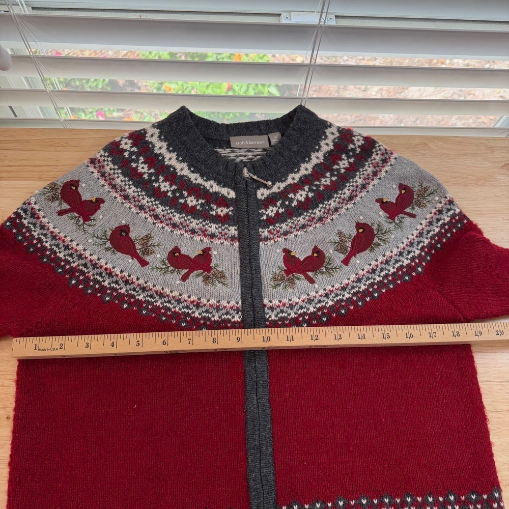Holiday Winter Cardigan Sweater Womens Red Embroidered Cardinal Full Zip - Small - Picture 9 of 12